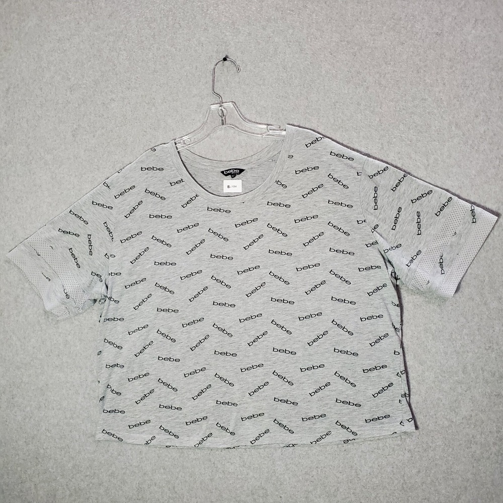 Bebe Sport Women Top‎ 2X Gray Crop Shirt Logo Allover Print Short Sleeve Tee
